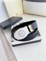 1:1  Montblanc  Black Leather Belt with Silver Logo Buckle Elliptical Shape Buckle  3.5cm